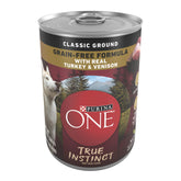 Purina ONE True Instinct turkey-venison wet dog food can shows high-protein meal option for dogs.