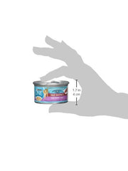 Purina ONE Tuna Recipe in Sauce can open close-up shows tuna in gravy