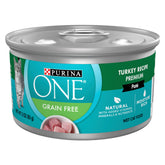 Purina ONE Turkey Recipe pate can front, high-protein wet food option for active cats.