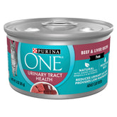 Purina ONE Urinary Tract Health beef and liver pate can, rich protein flavor for adult cats