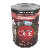 Purina ONE True Instinct beef-salmon cans shown as a high-protein meal