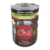 Purina ONE True Instinct wet dog food can with real chicken and duck for high-protein fuel