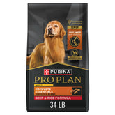Purina Pro Plan Adult 7 Plus bag with shredded beef and rice shows senior nutrition appeal