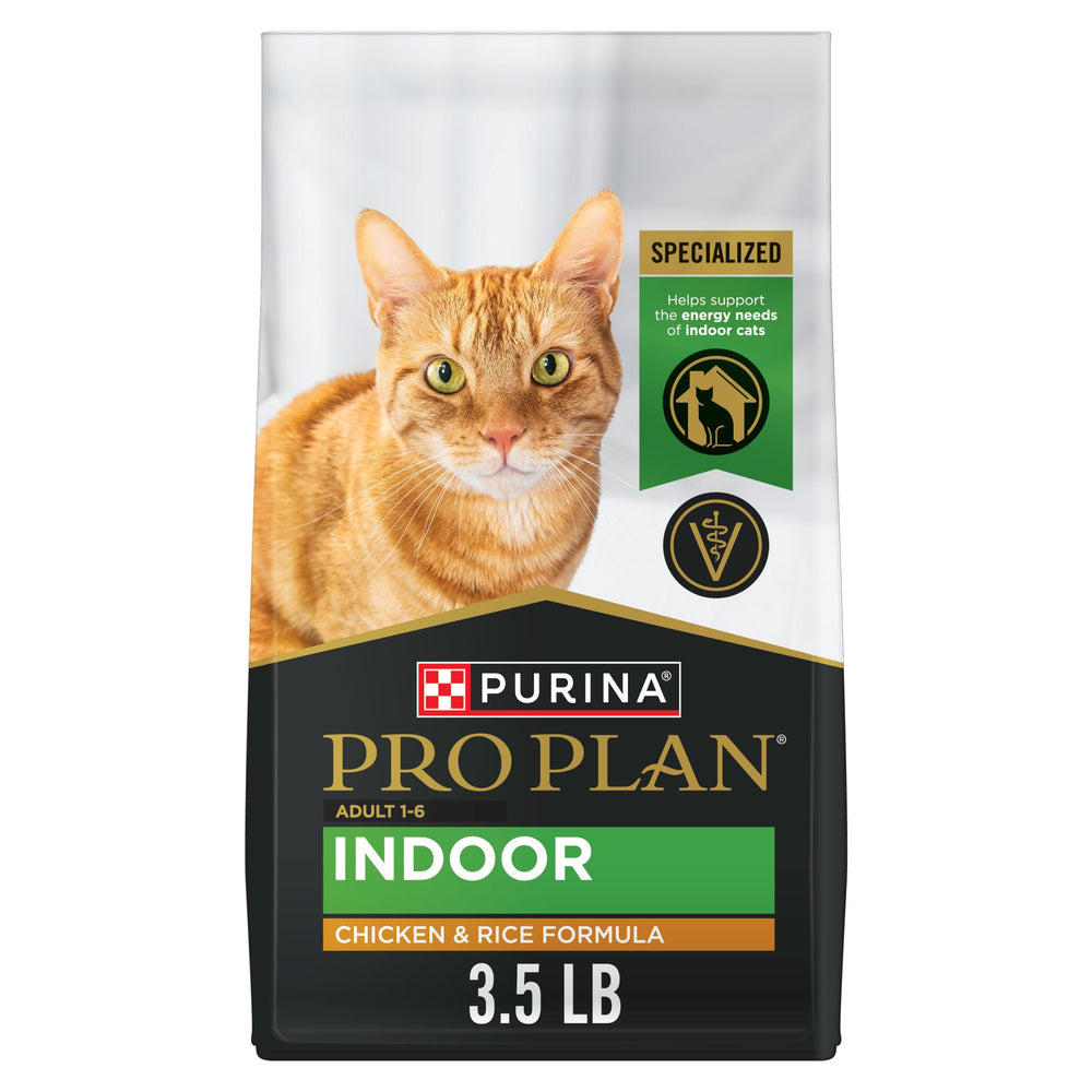 Purina Pro Plan Adult Indoor chicken kibble in bowl supports lean muscle and energy.
