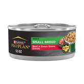 Purina Pro Plan adult small breed beef entree cans in a 24-pack on a shelf for daily meals.