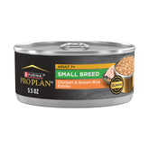 Purina Pro Plan small-breed chicken entree in gravy can close-up, savory flavor entices meals.