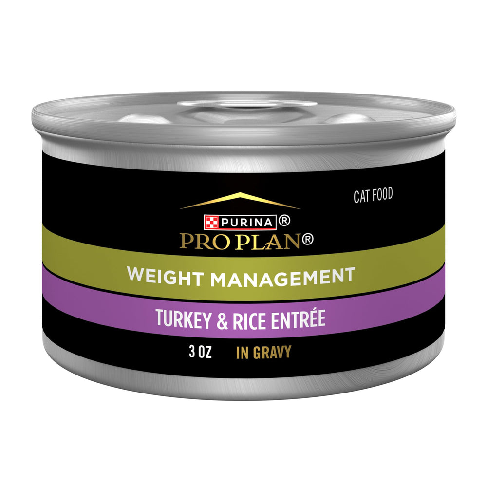 Purina Pro Plan adult weight management turkey and rice entree in gravy front view; supports lean muscle.