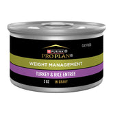 Purina Pro Plan adult weight management turkey and rice entree in gravy front view; supports lean muscle.