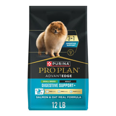 Purina Pro Plan AdvantEDGE small-breed salmon bag highlighting salmon as the first ingredient for digestibility.
