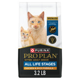Purina Pro Plan All Life Stages kibble bag showing balanced nutrition for multi-cat homes