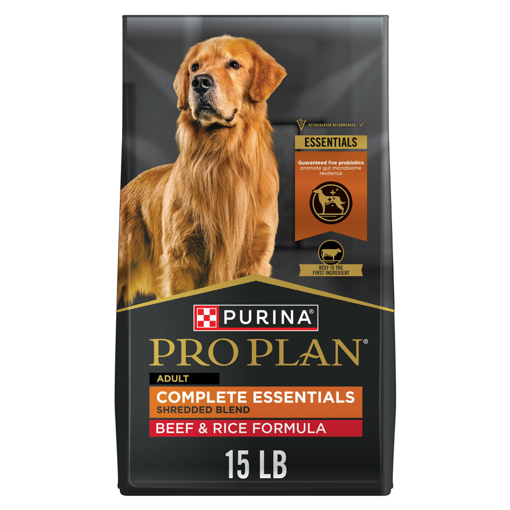 Purina Pro Plan Complete Essentials beef and rice bag front view for daily energy