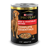 Purina Pro Plan Complete Essentials beef and vegetables entree cans in gravy support lean muscles.