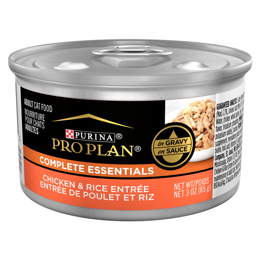 Purina Pro Plan Complete Essentials chicken and rice entree in gravy can: tasty protein for adult cats