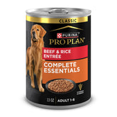 Purina Pro Plan Complete Essentials beef and rice pate front label for adult dogs
