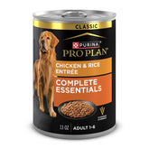Purina Pro Plan Complete Essentials Classic Pate cans lined up, offering balanced nutrition for adult dogs.