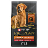 Purina Pro Plan Complete Essentials bowl with shredded beef and rice supports digestion.