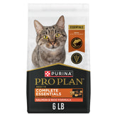 Purina Pro Plan Complete Essentials shredded salmon bag packshot highlights high-protein formula for active cats.