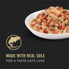 Close-up of Purina Pro Plan Sole Entree in Sauce can with fish and vegetables