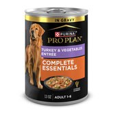 Purina Pro Plan Complete Essentials Turkey and Vegetables Entree can—high-protein nourishment for adult dogs.
