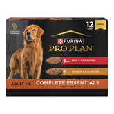 Purina Pro Plan Complete Essentials variety-pack chicken entree cans for balanced adult dog nutrition.