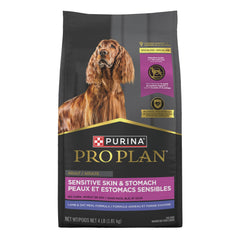 Purina Pro Plan dry dog food kibble close-up highlights high-protein lamb first ingredient.