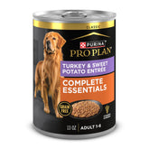 Purina Pro Plan grain-free wet turkey and sweet potato entree packaging promotes premium nutrition