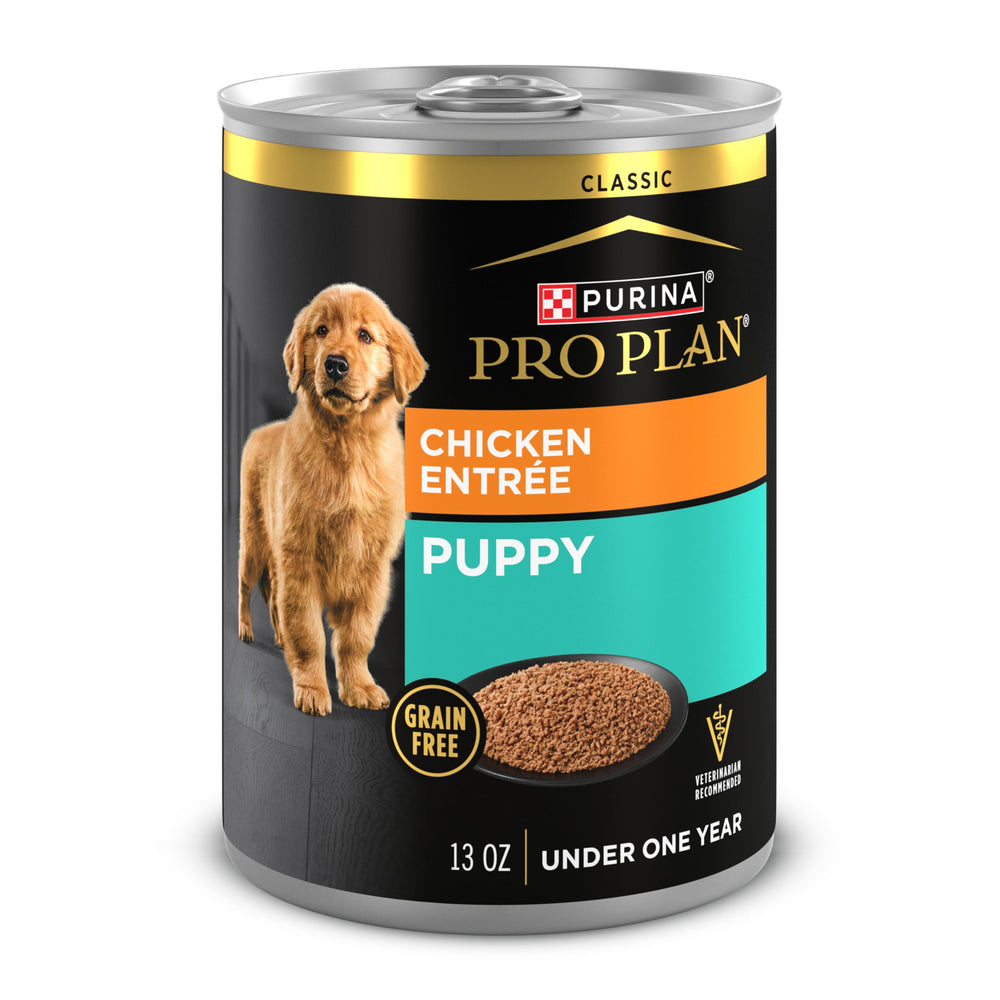 Purina Pro Plan grain-free wet puppy food Classic Chicken Entrée bowl showing tender chunks in gravy.