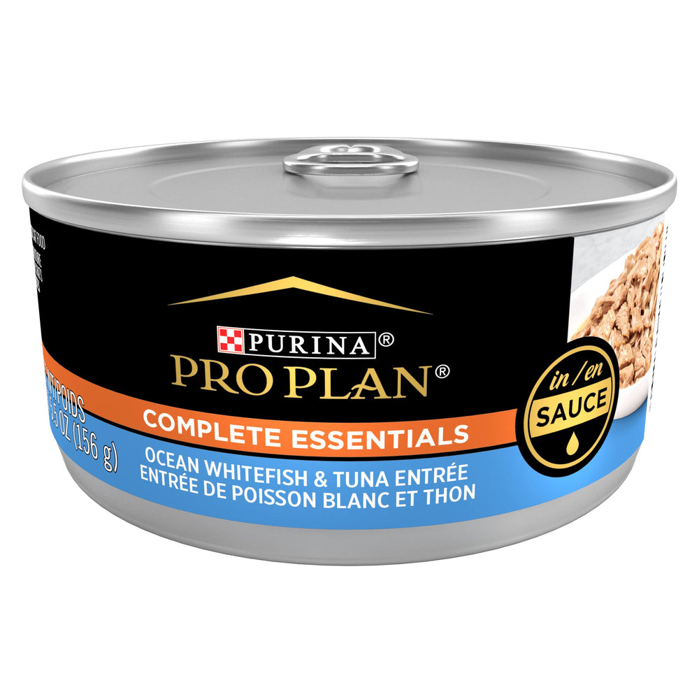 Purina Pro Plan Gravy Ocean Whitefish and Tuna Entree in Sauce cans provide protein nutrition for adult cats