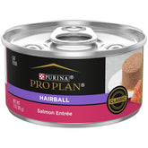 Purina Pro Plan Hairball Control wet pate can close-up showing real salmon as first ingredient for protein