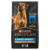 Purina Pro Plan high protein large breed dog food bag closeup highlighting lean muscle support.