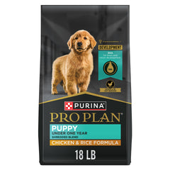 Purina Pro Plan High Protein Puppy bag front shows 18 lb size for growing puppies