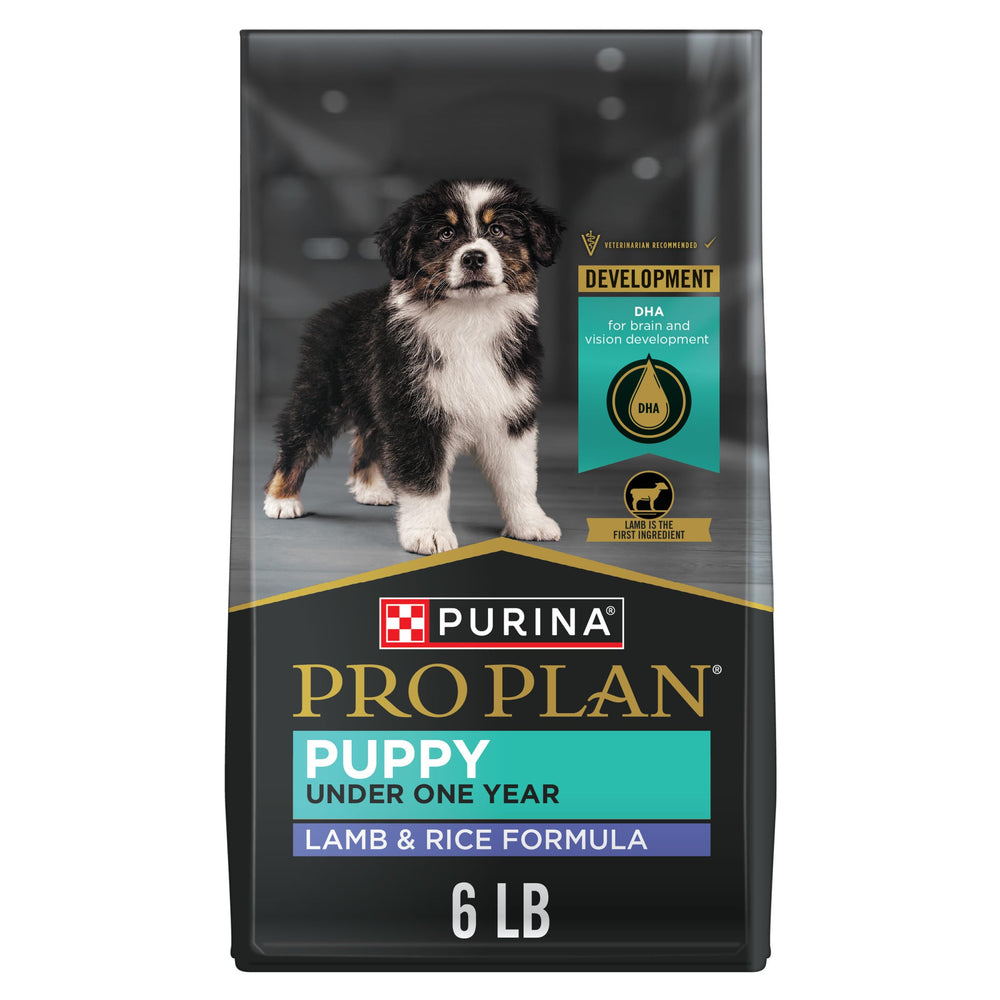 Purina Pro Plan High-Protein Puppy with real lamb on bag front supports lean muscle growth.