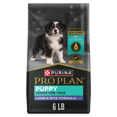 Purina Pro Plan High-Protein Puppy with real lamb on bag front supports lean muscle growth.