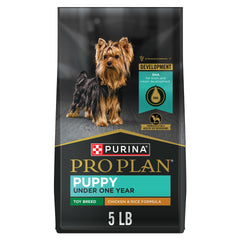 Purina Pro Plan High Protein Toy Breed Puppy Food front of bag featuring real chicken formula