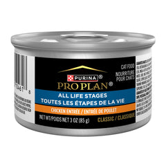 Purina Pro Plan high protein wet cat food in a 3oz can for all life stages.