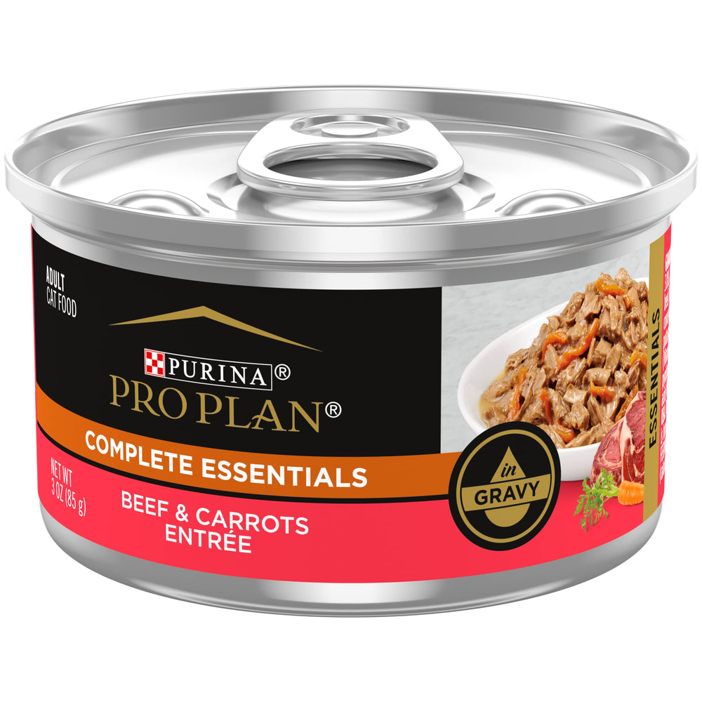 Purina Pro Plan high-protein wet gravy beef and carrots entree can closeup for cat owners