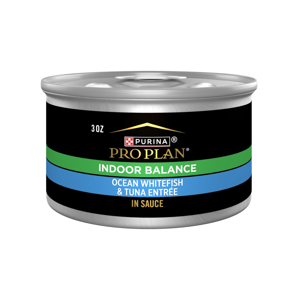 Purina Pro Plan Indoor Balance with ocean whitefish and tuna in sauce, ideal for indoor cats.