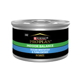 Purina Pro Plan Indoor Balance with ocean whitefish and tuna in sauce, ideal for indoor cats.