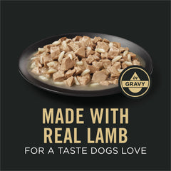 Purina Pro Plan Lamb chunks with gravy close-up show real meat first ingredient.