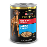 Purina Pro Plan large breed beef and rice entree cans, tasty support for lean muscle.