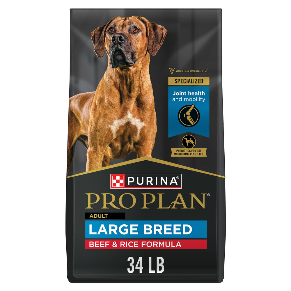 Purina Pro Plan Large Breed Beef and Rice Kibble Bag, featuring real meat as the first ingredient.