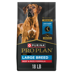 Purina Pro Plan Large Breed beef kibble closeup showing real beef as the first ingredient.