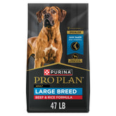 Purina Pro Plan Large Breed beef-rice kibble in bag supports muscle conditioning