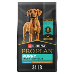 Purina Pro Plan Large Breed Puppy bag front showing balanced growth nutrition for large breed puppies