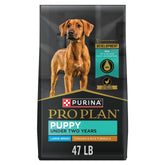 Purina Pro Plan Large Breed Puppy bowl serving highlights real chicken for balanced muscle support.