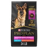 Purina Pro Plan Large Breed Sensitive Skin and Stomach Salmon and Rice bag front showing the 34 lb packaging for digestion and flavor.