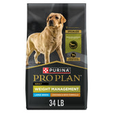 Purina Pro Plan Large Breed Weight Management bag shows weight-control formula for big dogs.