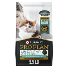 Purina Pro Plan LiveClear front of 5.5 lb kitten food bag highlighting allergen reduction.