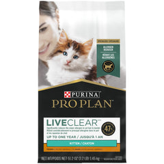 Purina Pro Plan LiveClear kitten bag front highlights allergen-reducing formula.