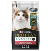 Purina Pro Plan LIVECLEAR turkey-oatmeal kibble in bowl supports sensitive skin and stomach.